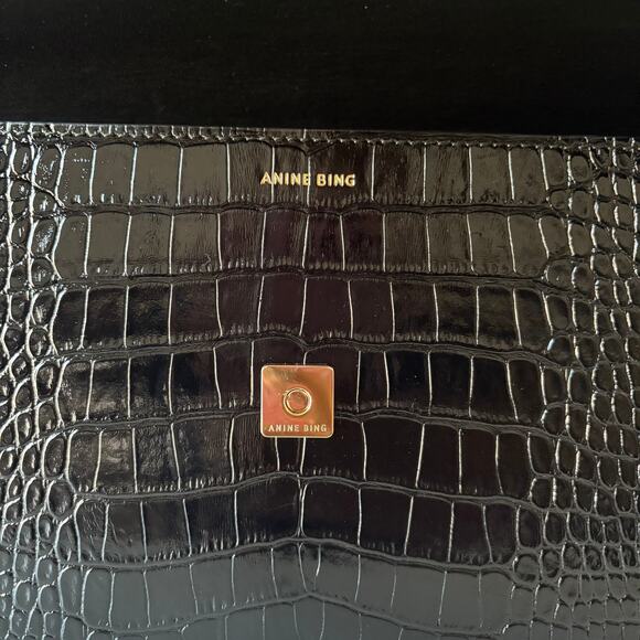 Anine Bing Elly Shoulder Bag‎ Croc Embossed Black Leather Purse - Picture 5 of 10